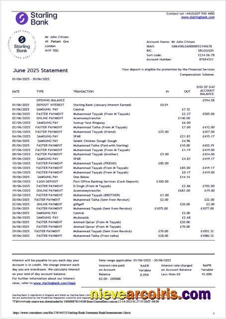 UK Starling Bank statement Word and PDF
